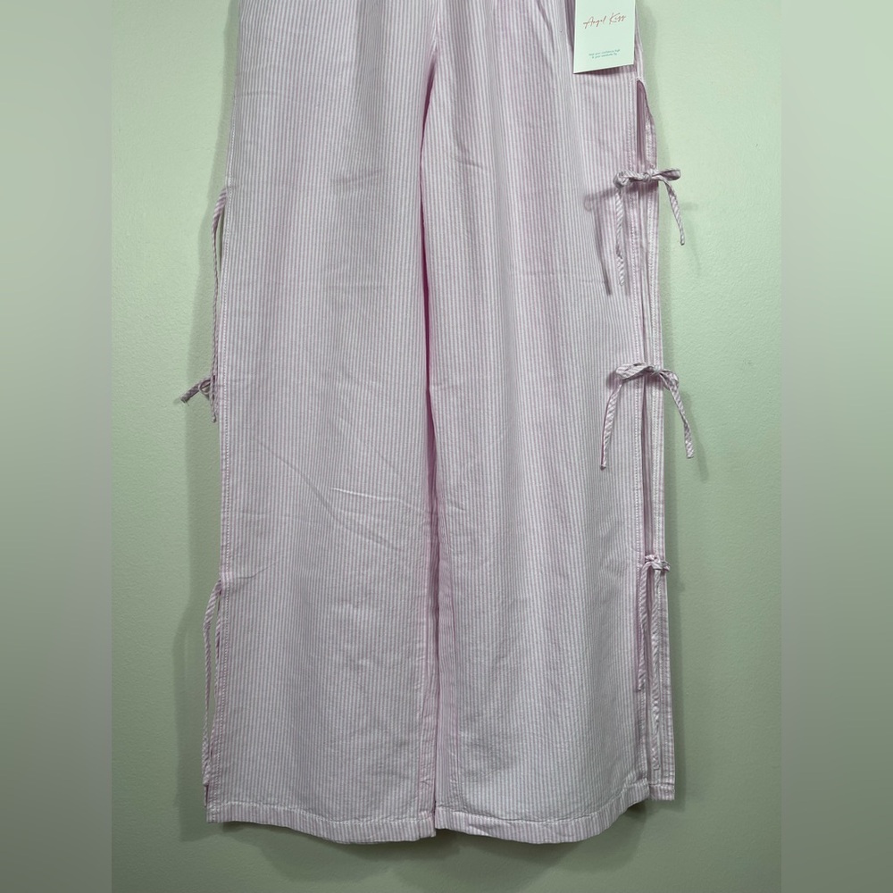 Pink Y2k Gingham Striped Elastic Waist Lace-Up Wide Leg Lounge Pants Plaid NWT - Picture 4 of 11